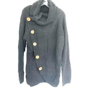 Grecerelle Chunky Knit Sweater XL Black Cowl Neck Button Collar Cardigan Cozy